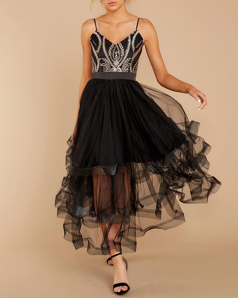 

Patchwork Mesh See Through Backless Pleated Dress, Black