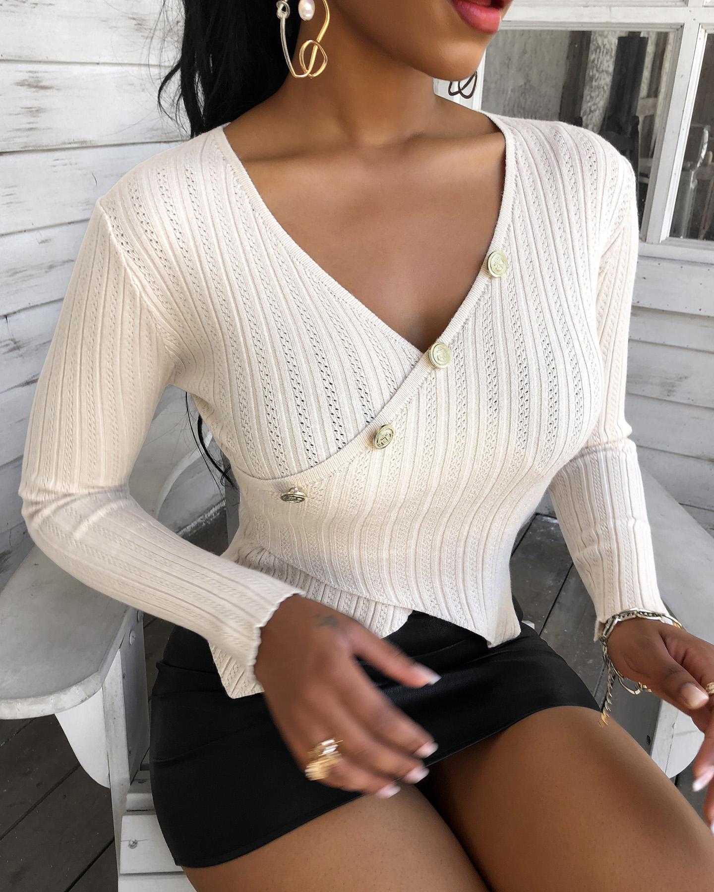 

Button Design Plain Wrap Blouse, Apricot