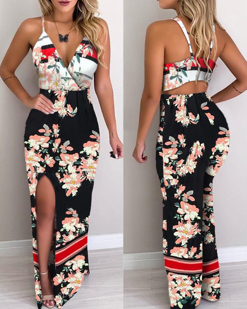 

Floral Print Deep V Thigh Slit Slip Dress, Multicolor