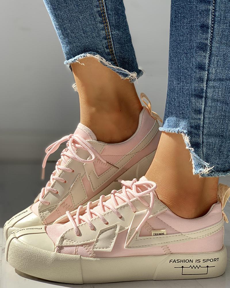 

Eyelet Lace-Up Patchwork Casual Sneakers, Pink
