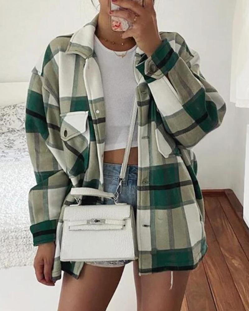 

Plaid Long Sleeve Loose Jackets, Green