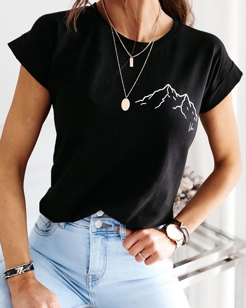 

Print Short Sleeve Casual T-shirt, Black