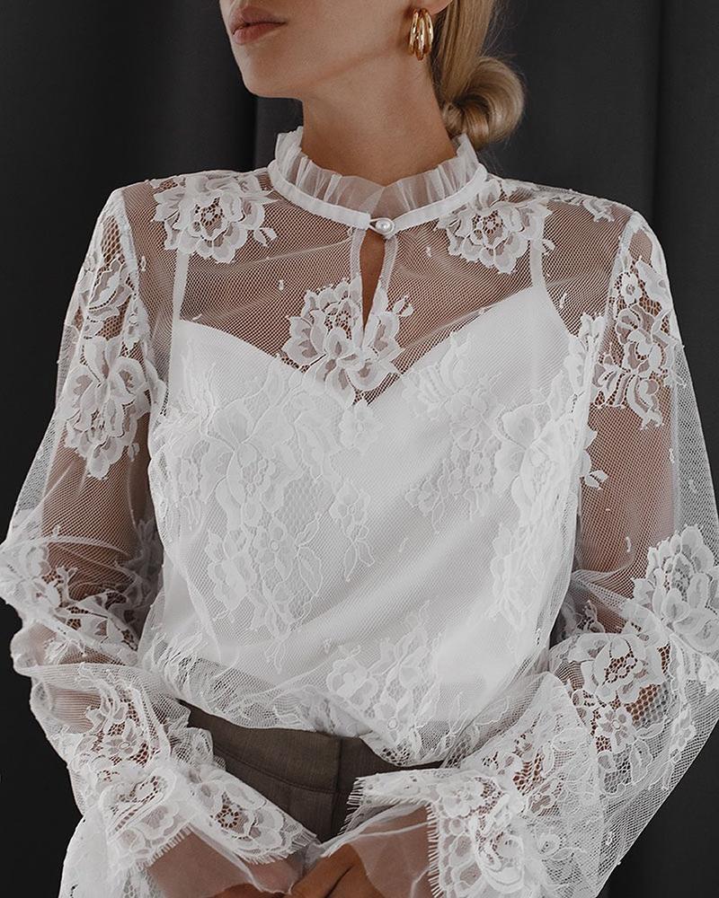 

Floral Sheer Mesh Lace Casual Blouse