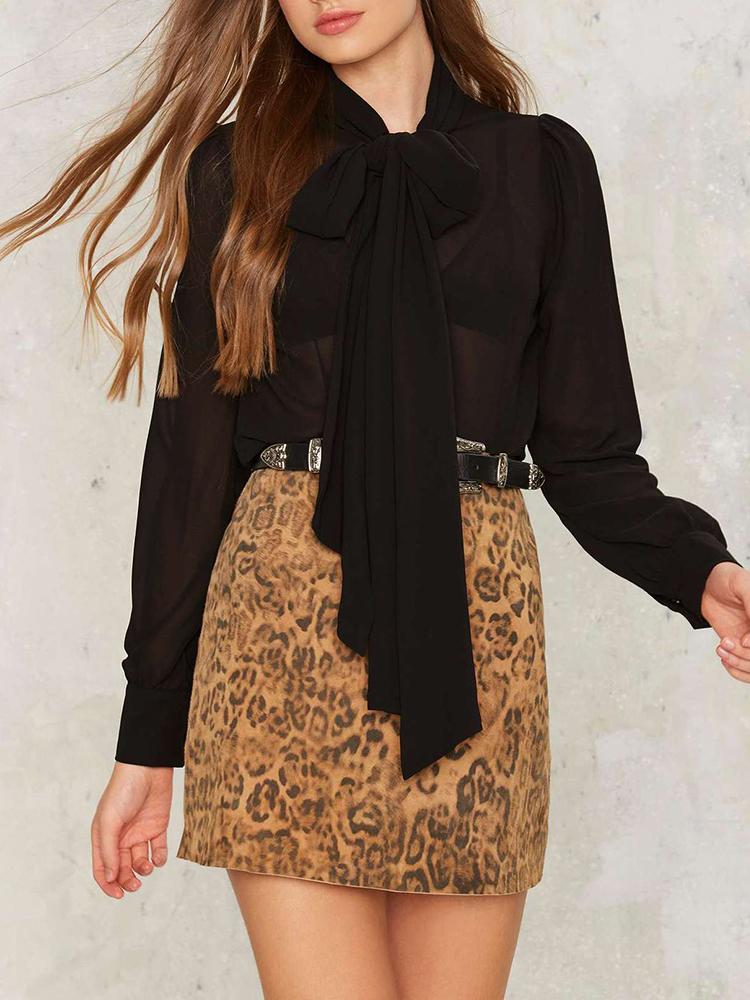 

Sexy Sheer Bow Tied Neck Lantern Sleeve Blouse, Black