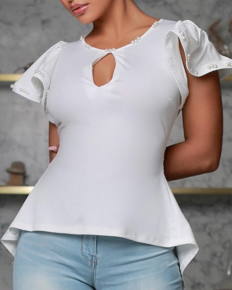 

Beaded Ruffles Keyhole Casual Blouse
