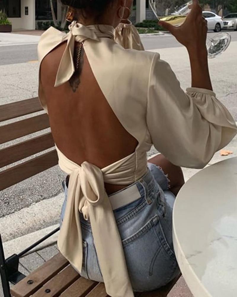 

Knotted Open Back Long Sleeve Sexy Top