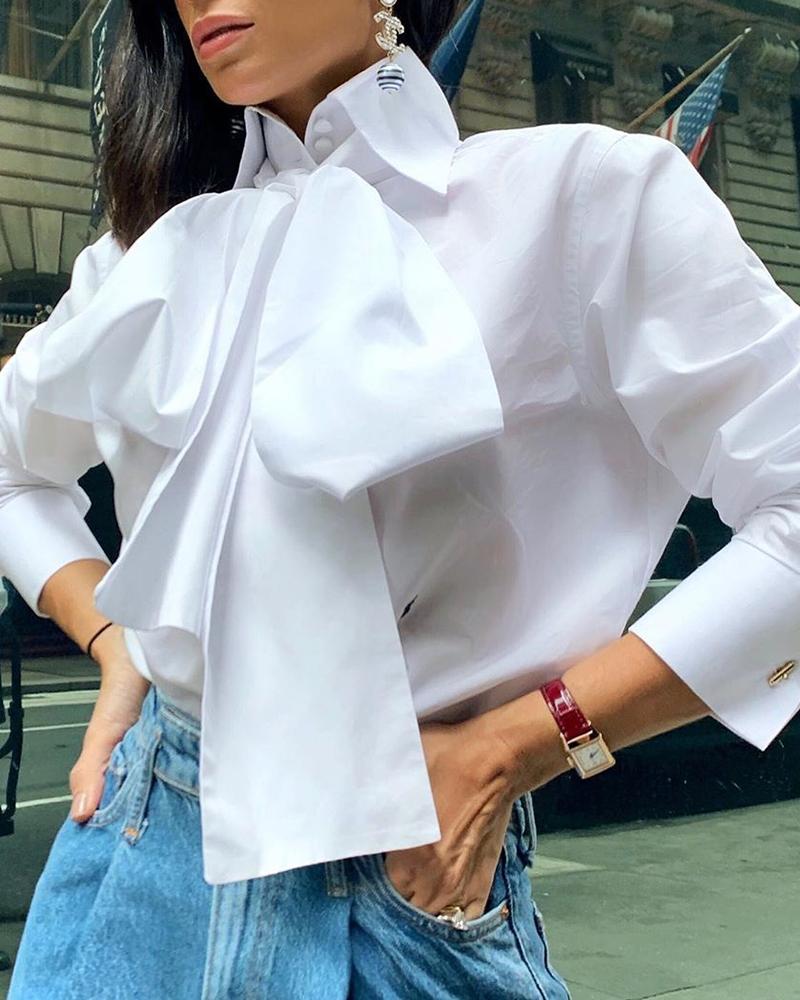 

Solid Bowknot Design Long Sleeve Blouse