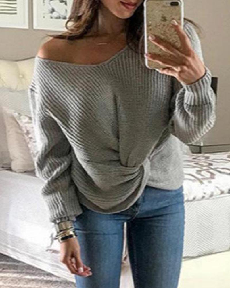 

Solid Ribbed Knit Long Sleeve Sweater, Gray