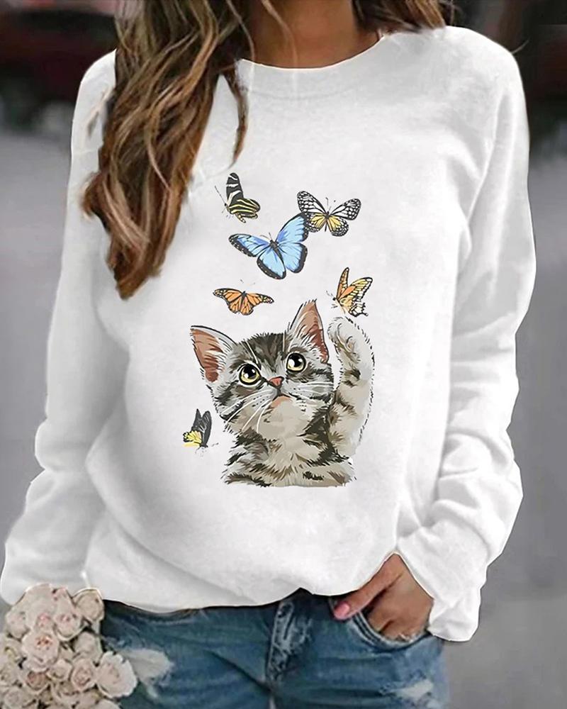 

Butterfly Cat Print Round Neck Sweatshirt, White