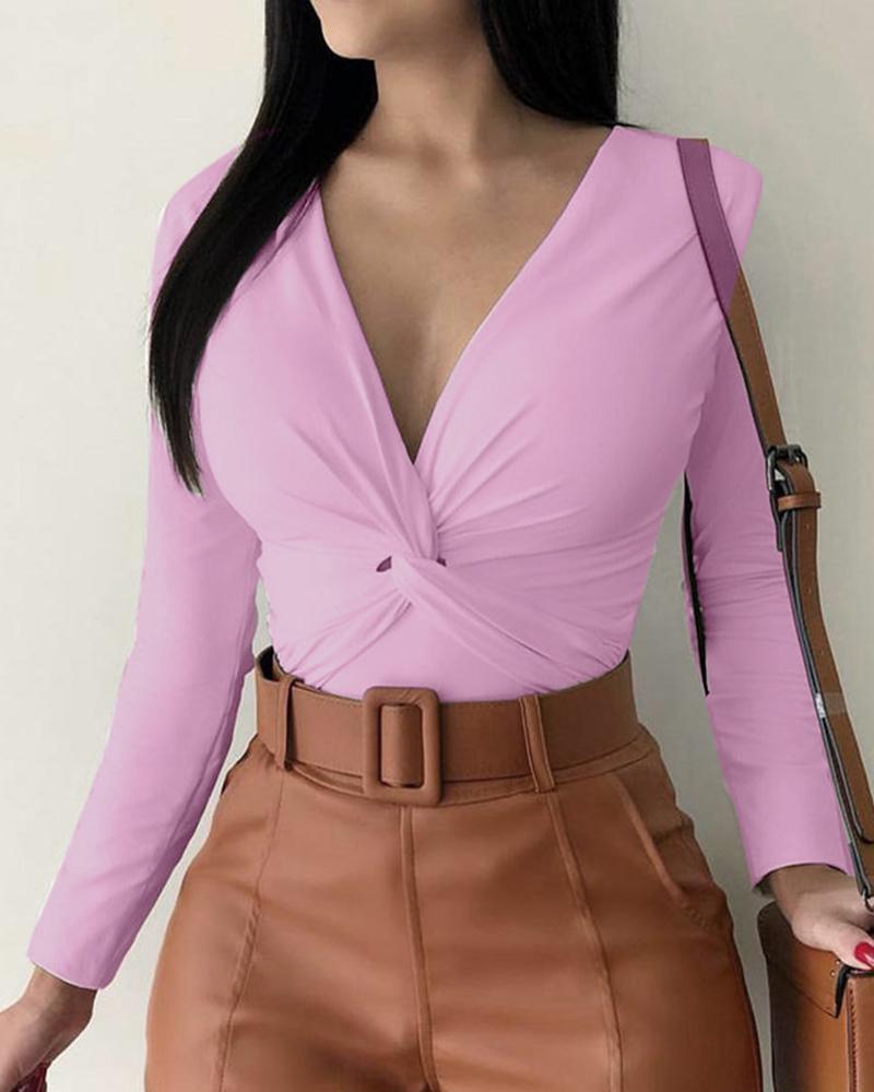 

Solid Long Sleeve Crisscross Casual Blouse, Pink