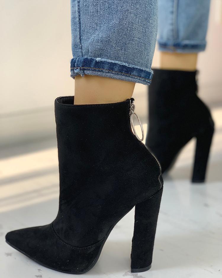 

Solid Pointed Toe Zipper Back Boots, Black