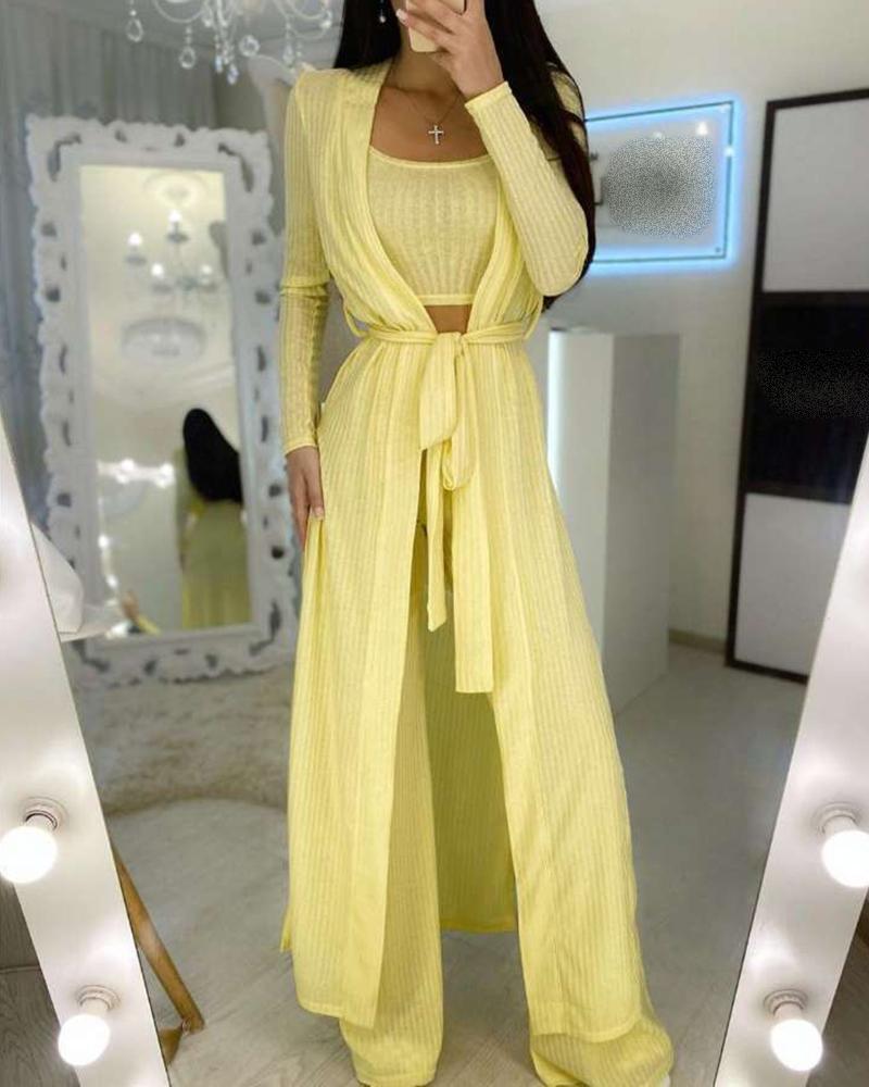 

Plain Crop Top & High Waist Wide Leg Pants & Longline Coat Set, Yellow