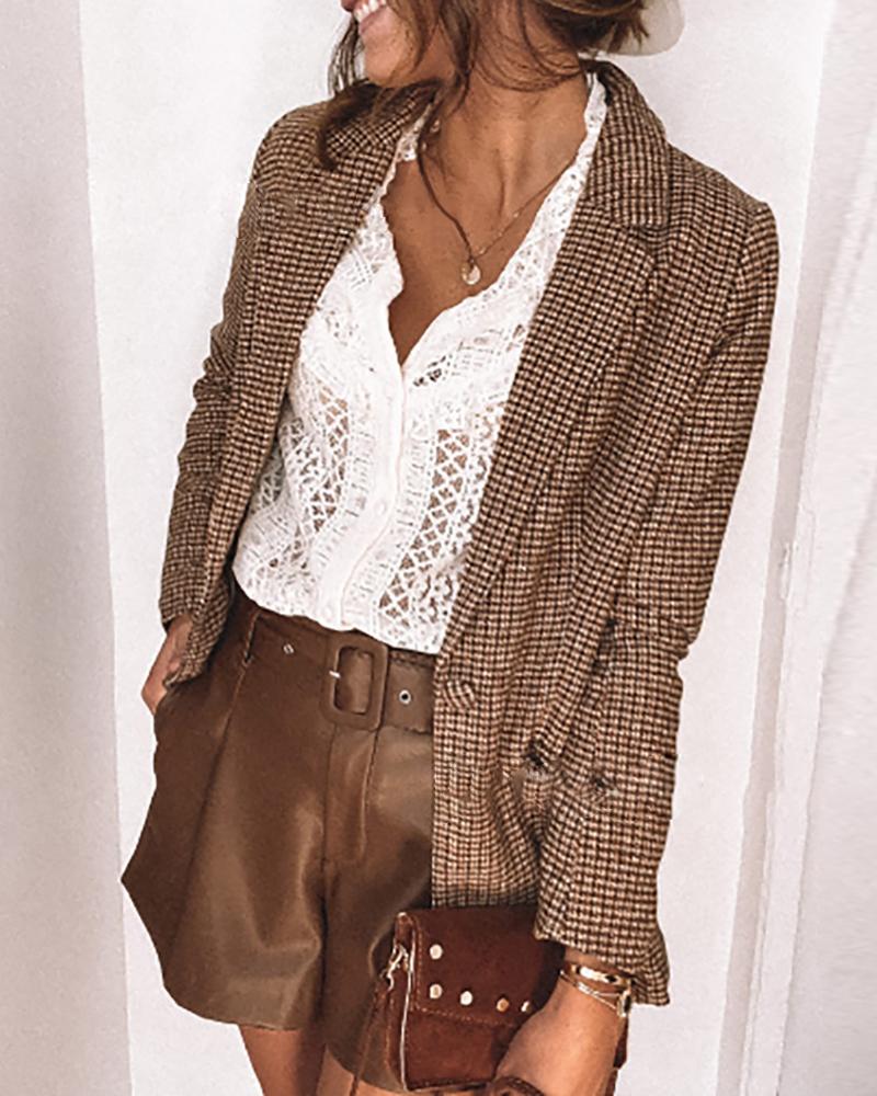 

Long Sleeve Button Design Plaid Blazer Coat, Brown