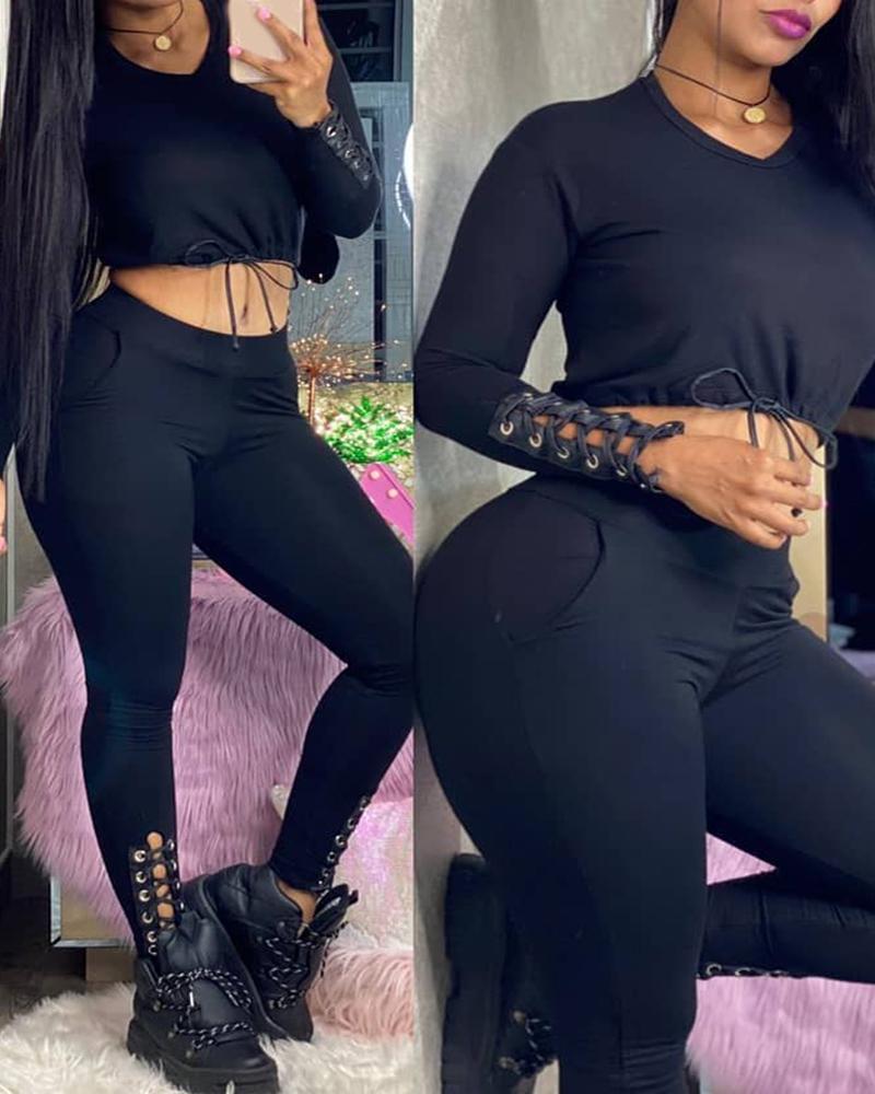 

Eyelet Lace Up Drawstring Crop Top & Pants Set, Black