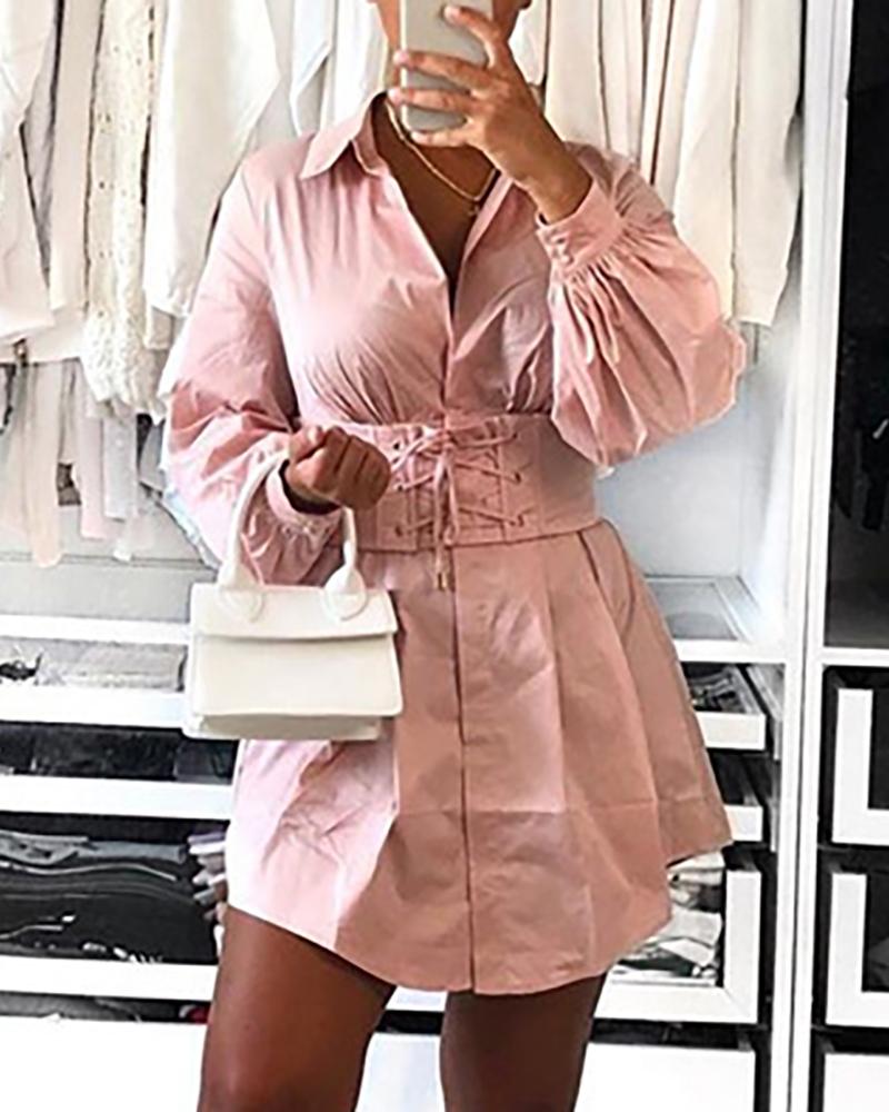 

Solid Turn-down Collar Eyelet Lace-up Shirt Dress