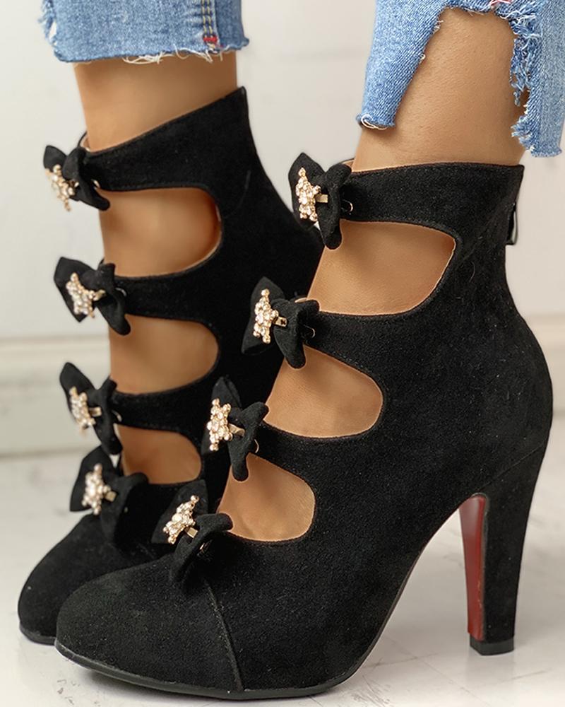 

Pu Bowknot Detail Cutout Heels, Black