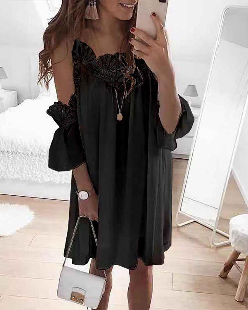 

Cold Shoulder Lace Trim Casual Dress, Black