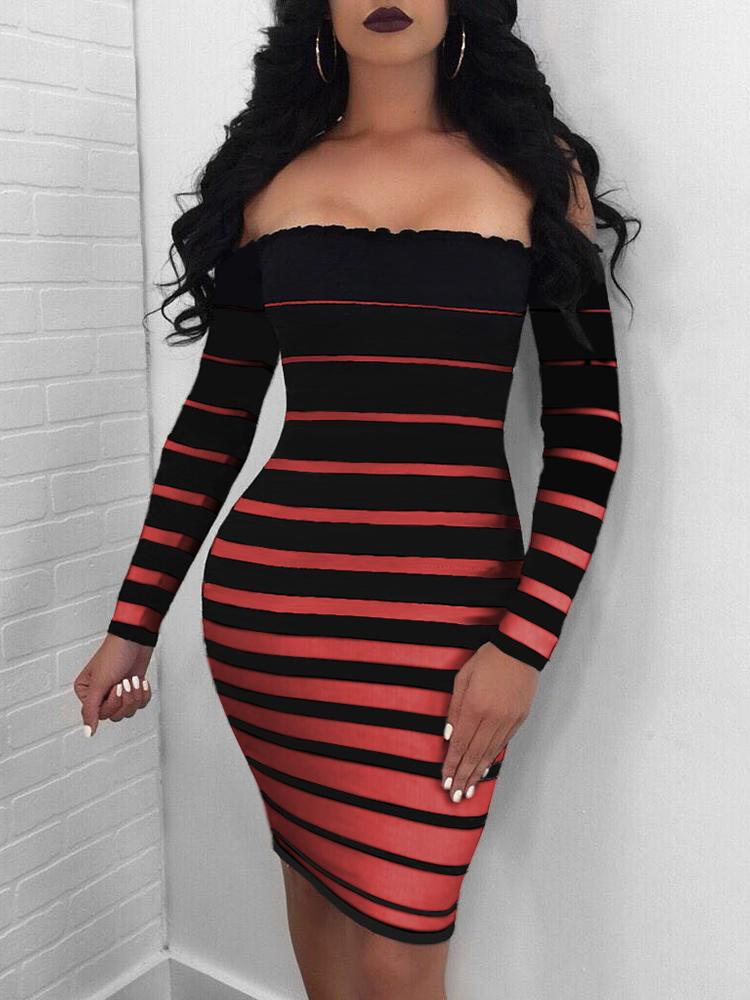 

Stripes Off Shoulder Long Sleeve Bodycon Dress, Red