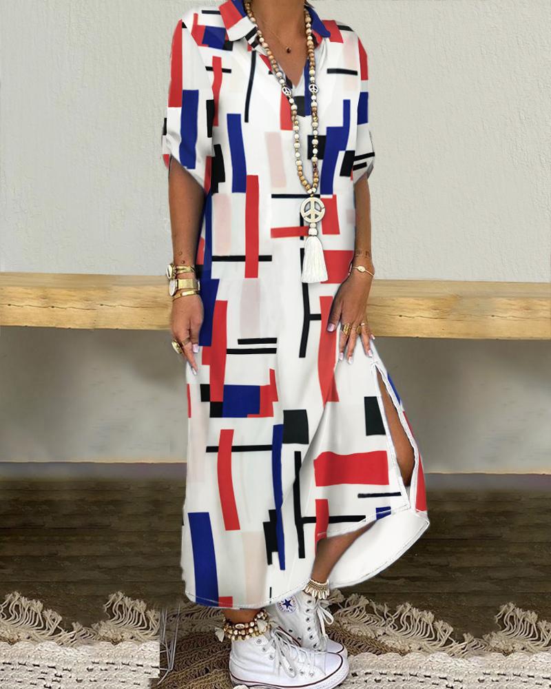 

Geometric Print Half Sleeve Slit Casual Dress, Multicolor