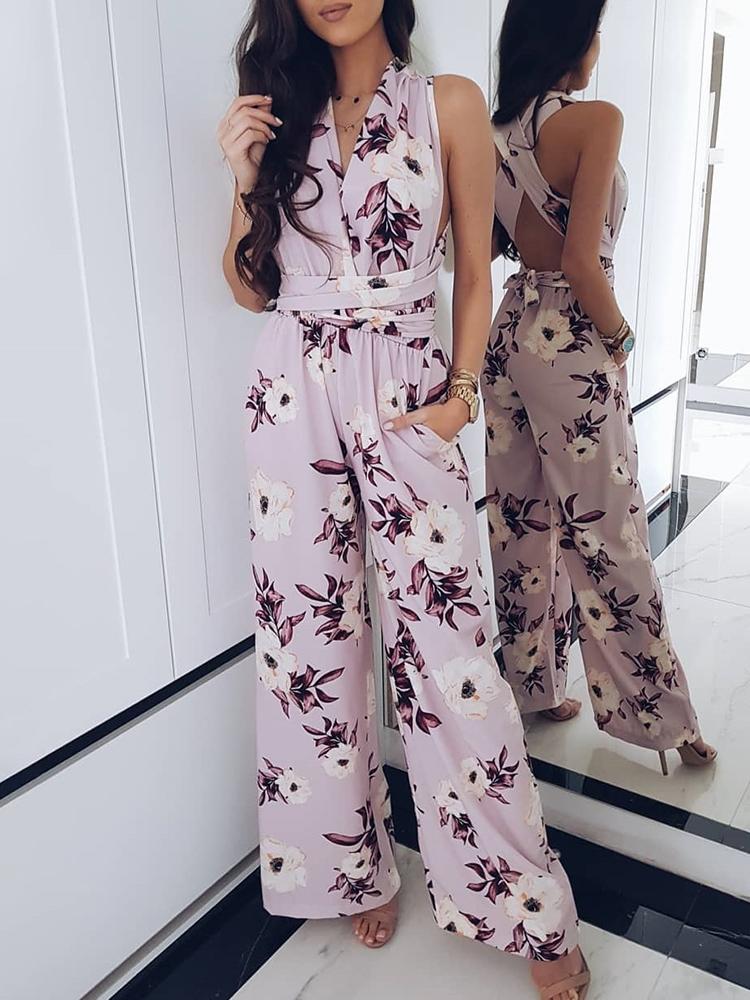 

Floral Plunge Crisscross Wide Leg Jumpsuit, Light purple