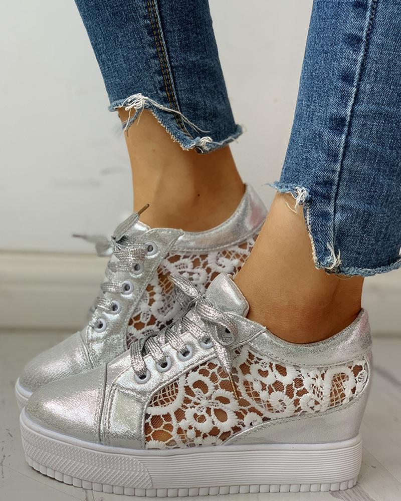 

Solid Embroidery Breathable Lace-Up Sneakers, Silver