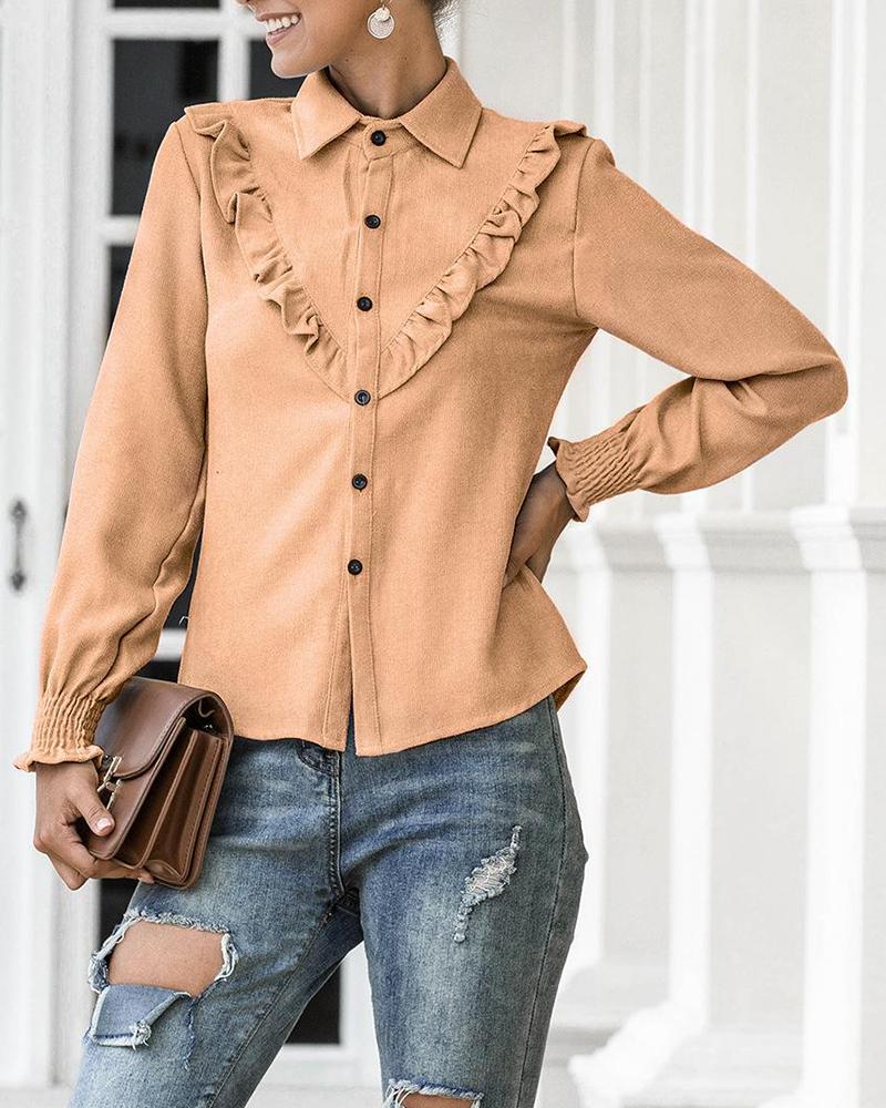 

Ruffle Trim Button Up Shirt, Yellow