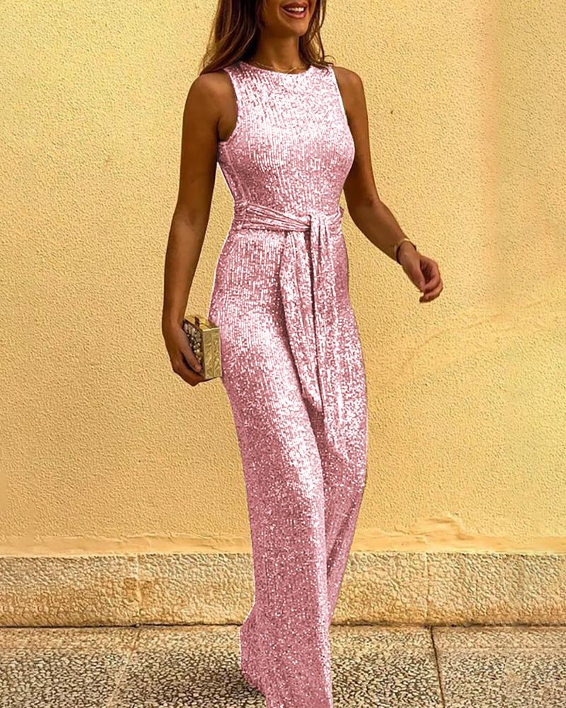 

Glitter Round Neck Sleeveless Backless Sequins Jumpsuit, Pink