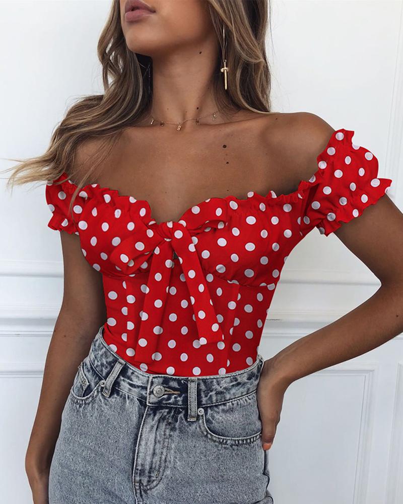 

Off Shoulder Bowknot Dots Print Blouse, Red