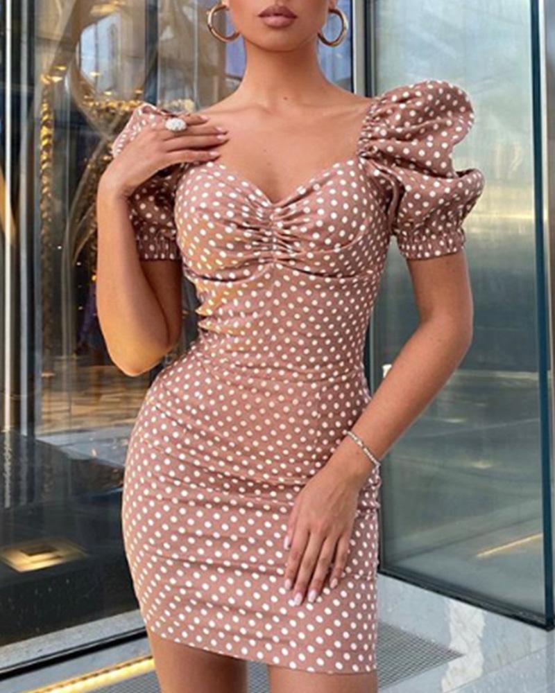 

Puff Sleeve Dots Print Ruched Bodycon Dress, Coffee