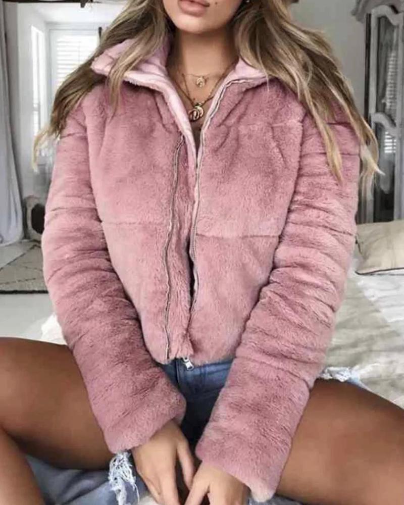 

Faux Shearling Zip Coat, Pink