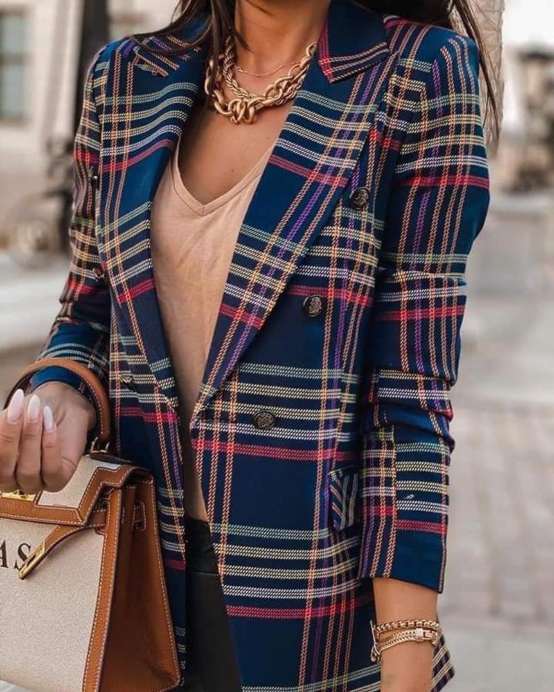 

Plaid Colorblock Double Breasted Blazer Coat, Blue