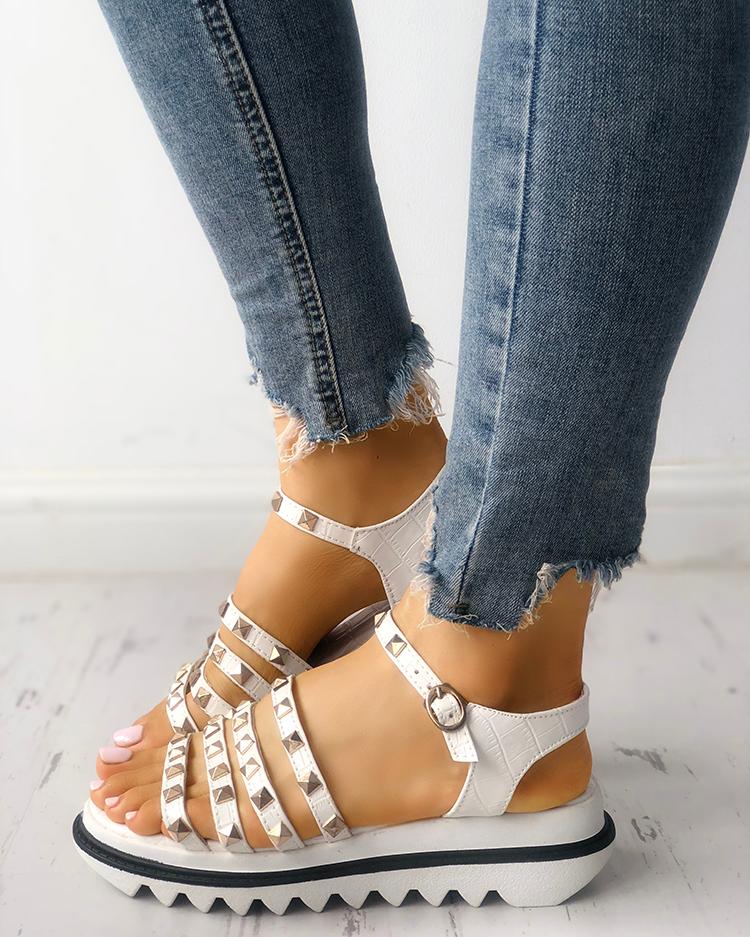 

Ladies Rivet Multi-strap Platform Muffin Sandals, White