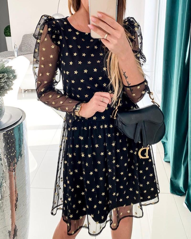 

Star Puffed Sleeve Semi Sheer Mesh Dress, Gold