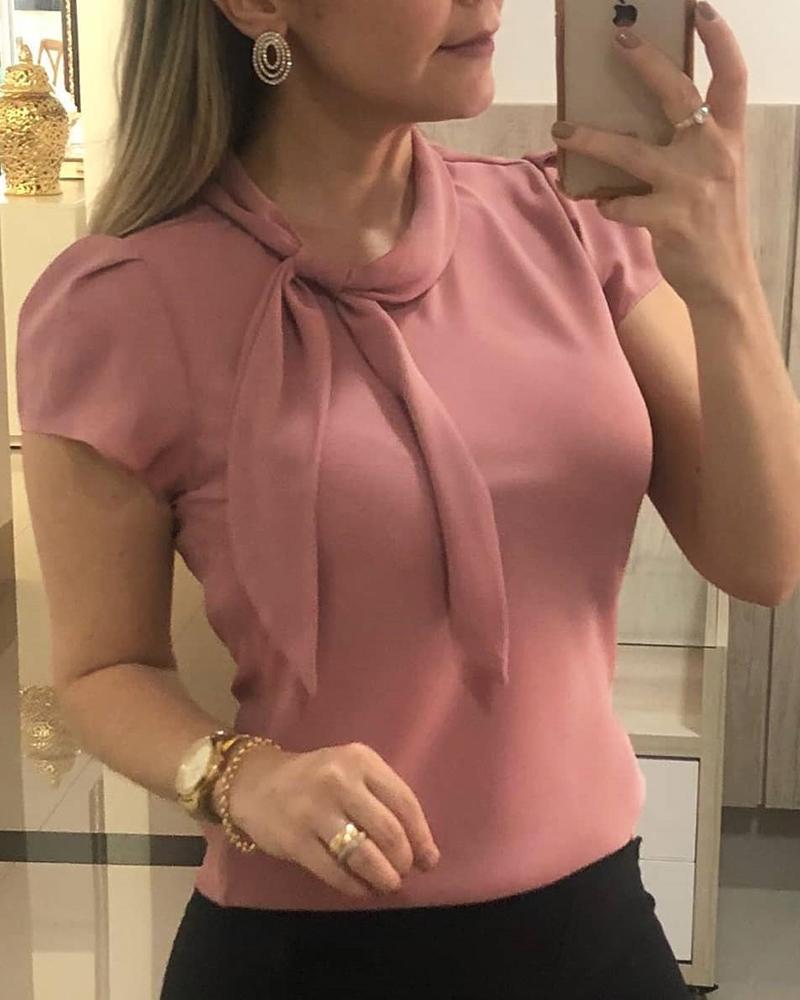 

Puff Sleeve Tied Neck Casual Blouse, Pink