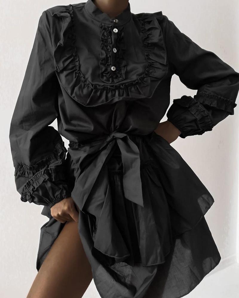 

Mock Neck Frill Buttoned Lantern Sleeve Ruffles Dress, Black