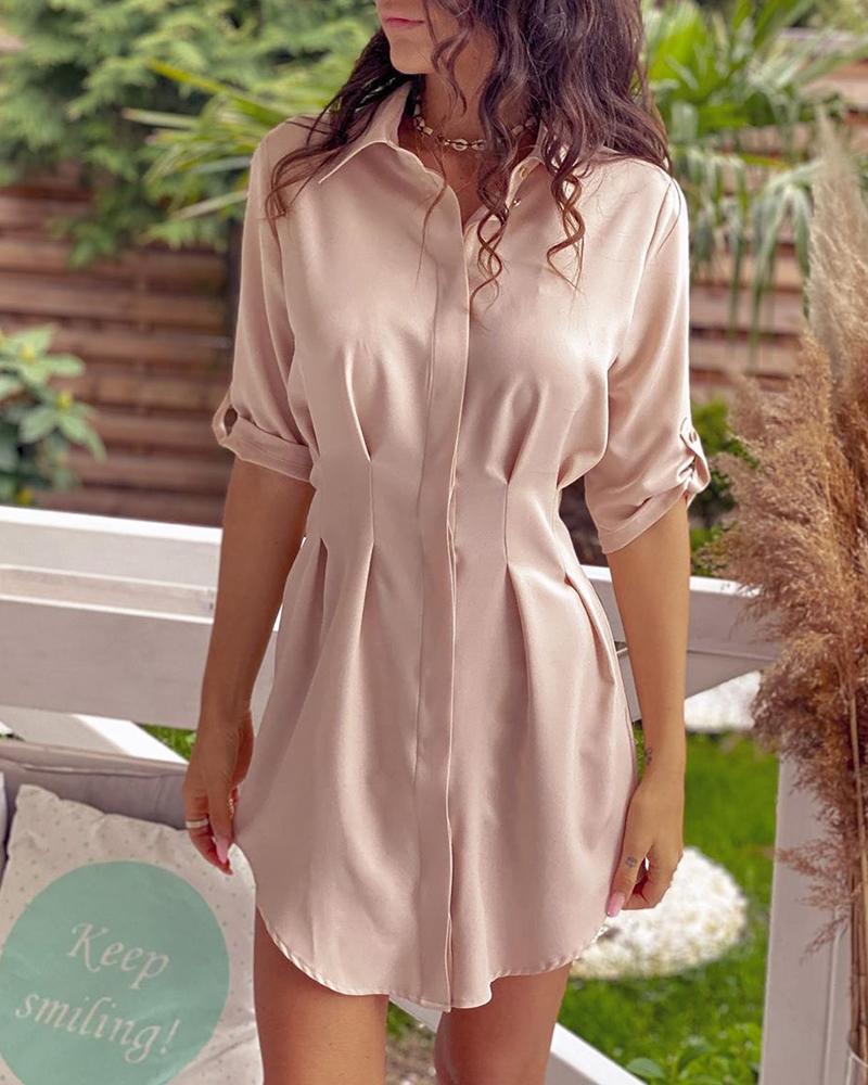 

Roll-up Sleeve Pleated Waist Shirt Dress, Pink