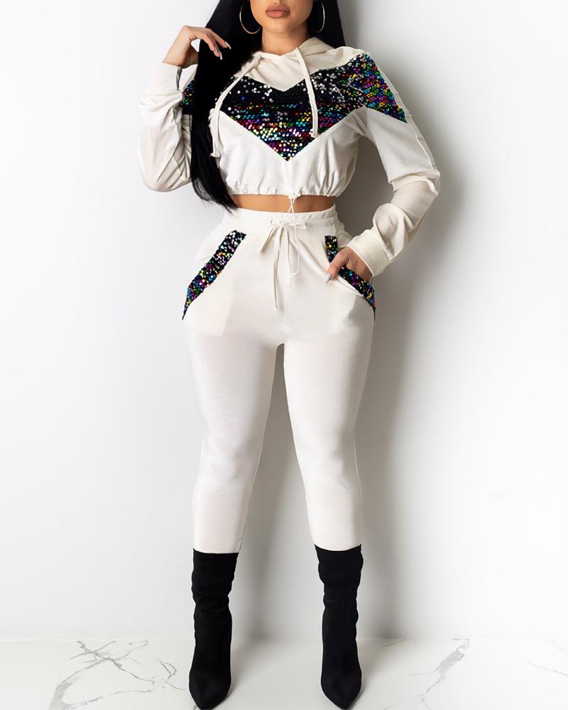 

Drawstring Design Sequins Top & Pant Sets, White
