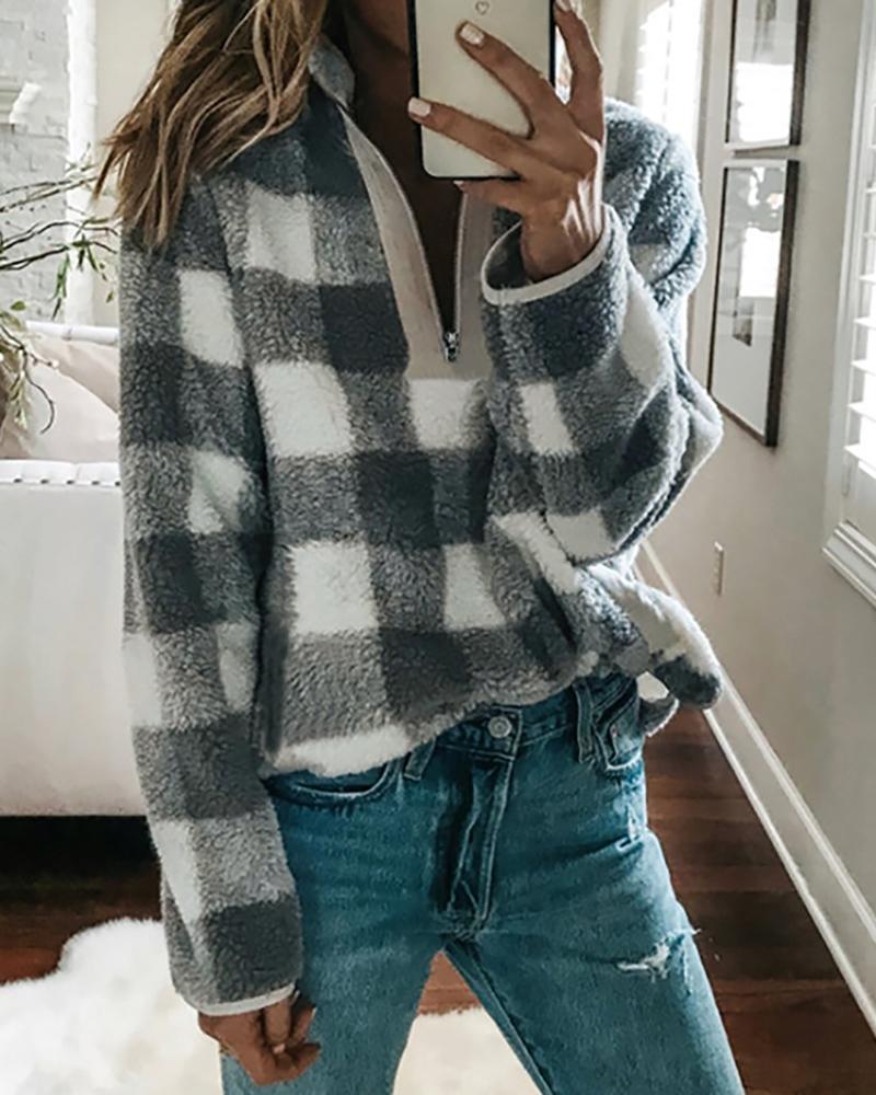 

Polar Fleece Colorblock Grid Zipped Blouse, Gray