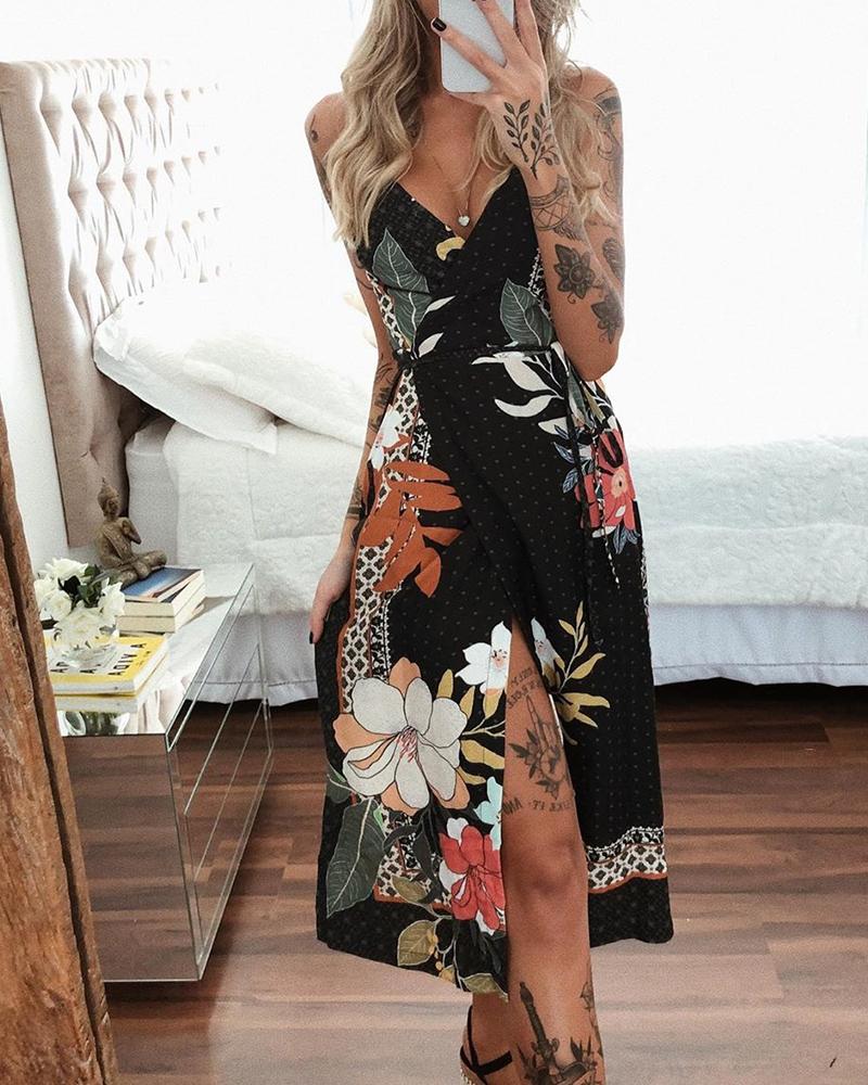 

Floral Print V-Neck Wrap Slit Dress, Black