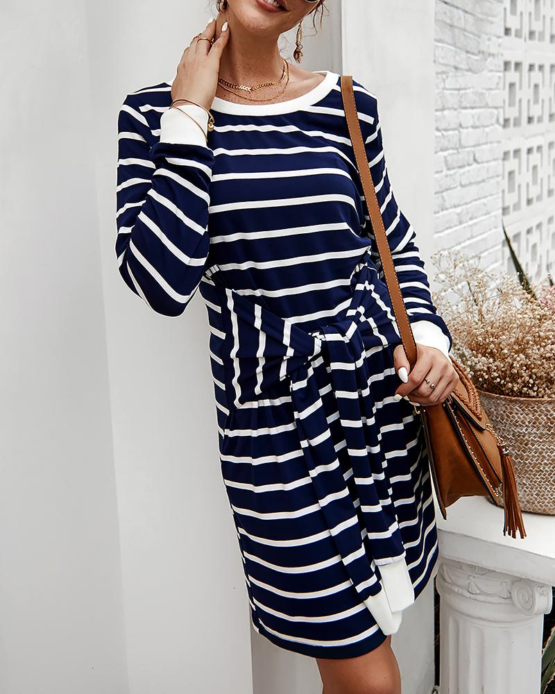 

Striped Colorblock Long Sleeve Knotted Casual Dress, Dark blue