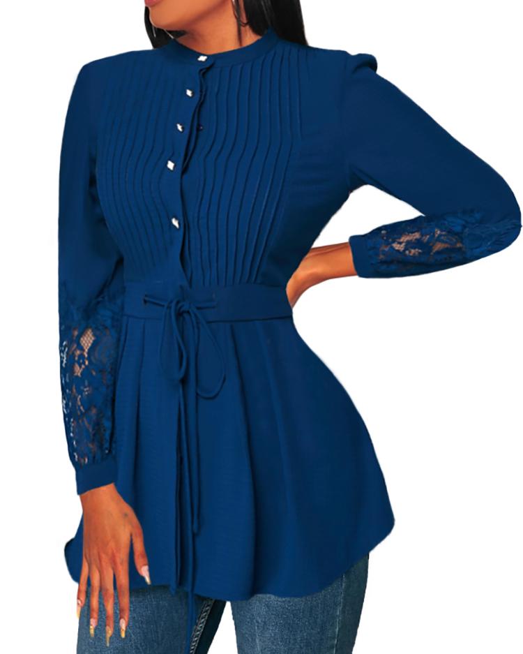 

Lace Insert Pleated Design Blouse, Blue