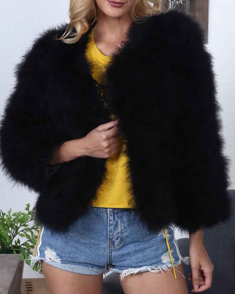 

Warm Open Front Faux Fur Coat, Black