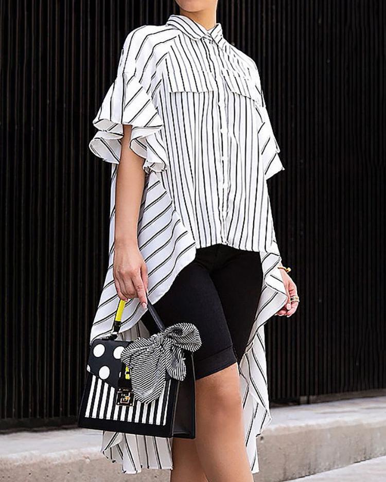 

Stripes Button Up Dip Hem Blouse, White