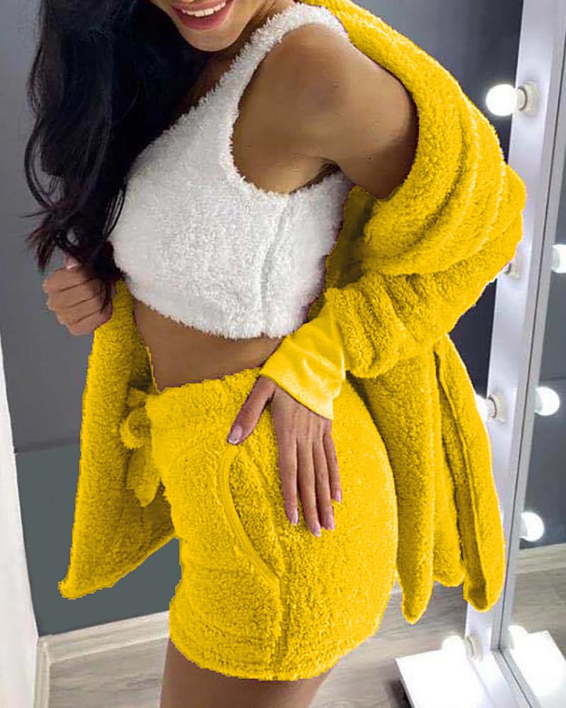 

3PCS Drawstring Long Sleeve Teddy Pajamas Set, Yellow