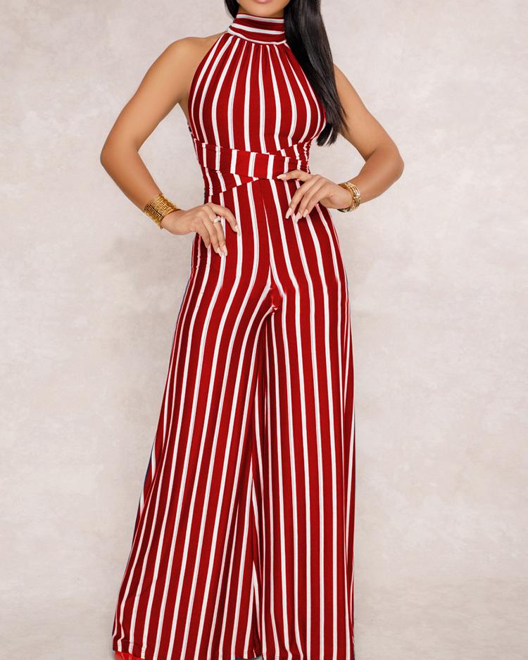 

Stripes Halter Open Back Wide Leg Jumpsuits, Wine red