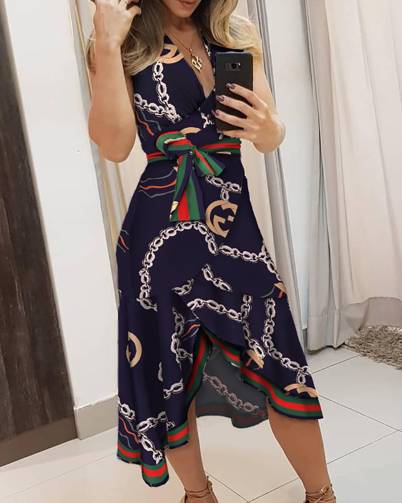 

V-neck Baroque Print Irregular Dress, Black
