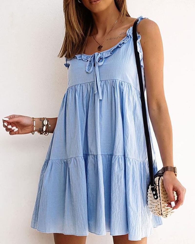 

Spaghetti Strap Tie Front Frill Hem Ruffles Casual Dress, Blue