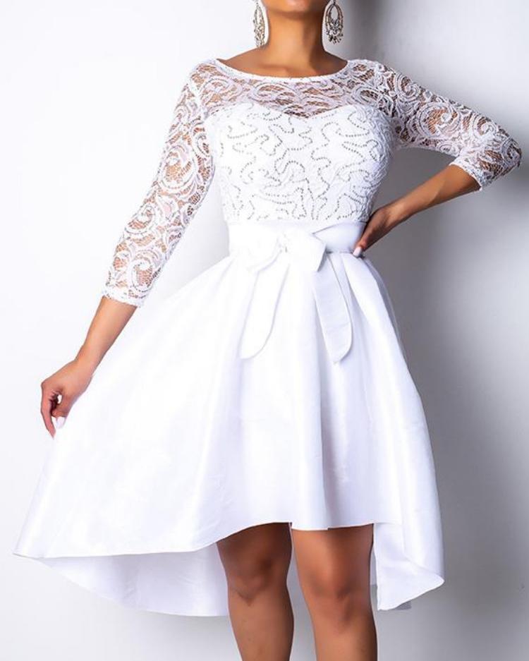 

Lace Yoke Irregular Hem Dress, White