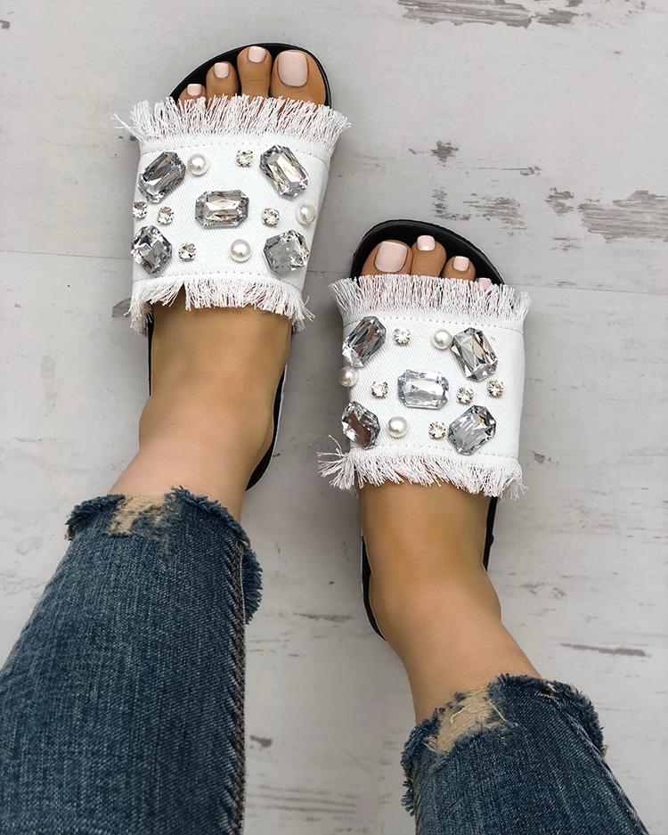

Denim Shiny Flat Tassel Non-Slip Slippers