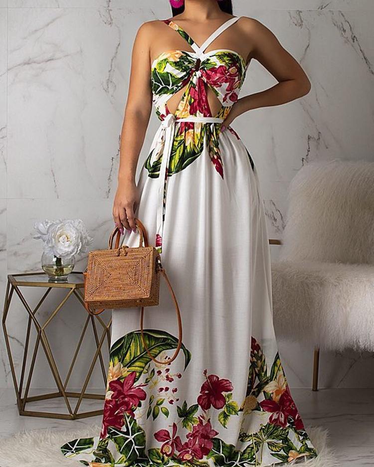 

Floral Print Open Back Maxi Dress, White